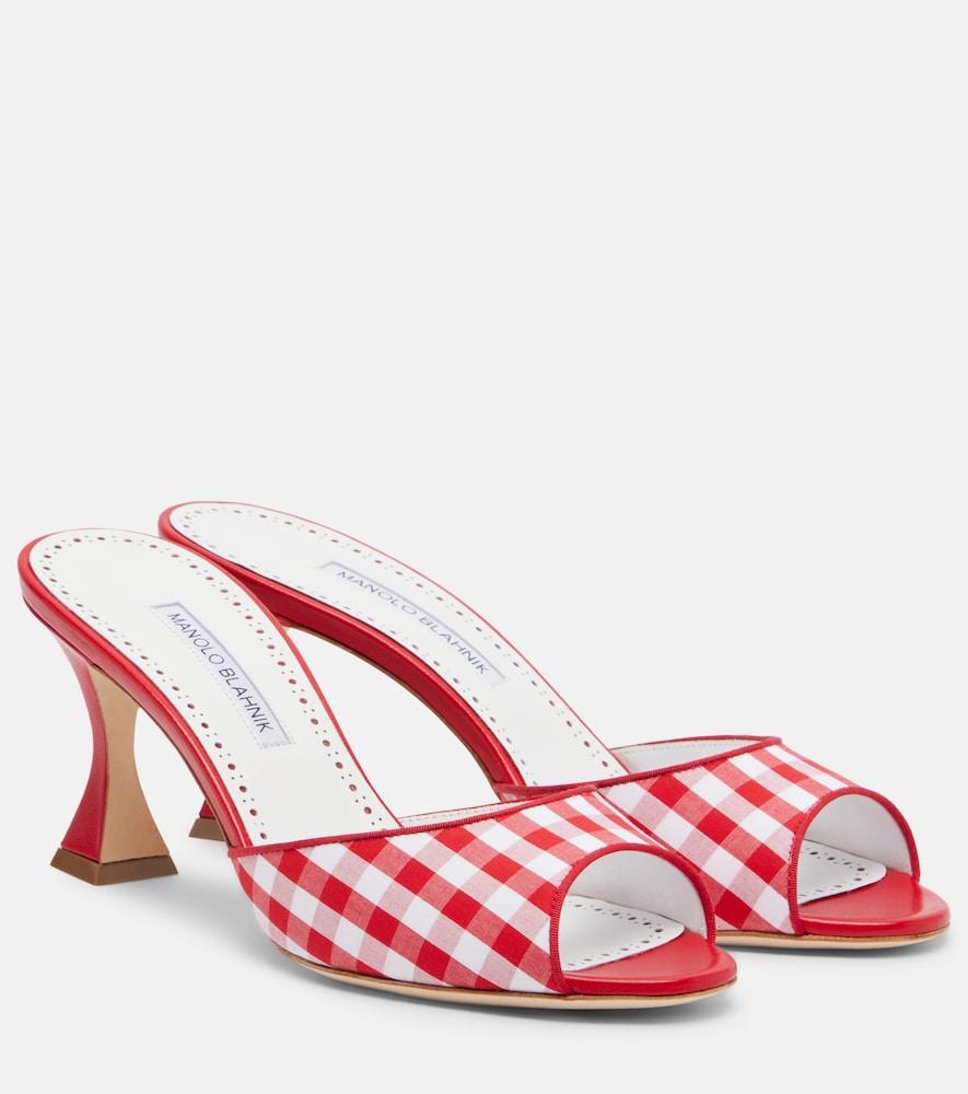 manolo blahnik jadara leather-trimmed gingham mules