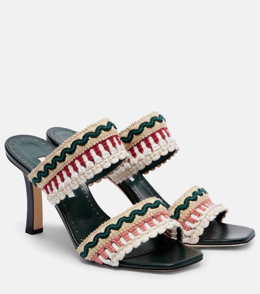 manolo blahnik mabeco 90 leather-trimmed knitted mules