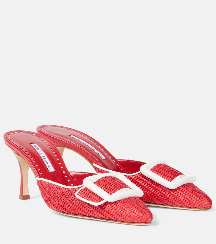manolo blahnik maysale 70 leather-trimmed raffia mules