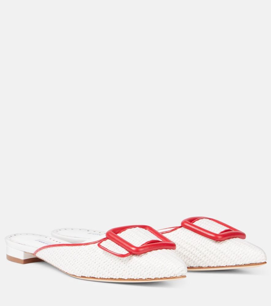 manolo blahnik maysale leather-trimmed raffia mules
