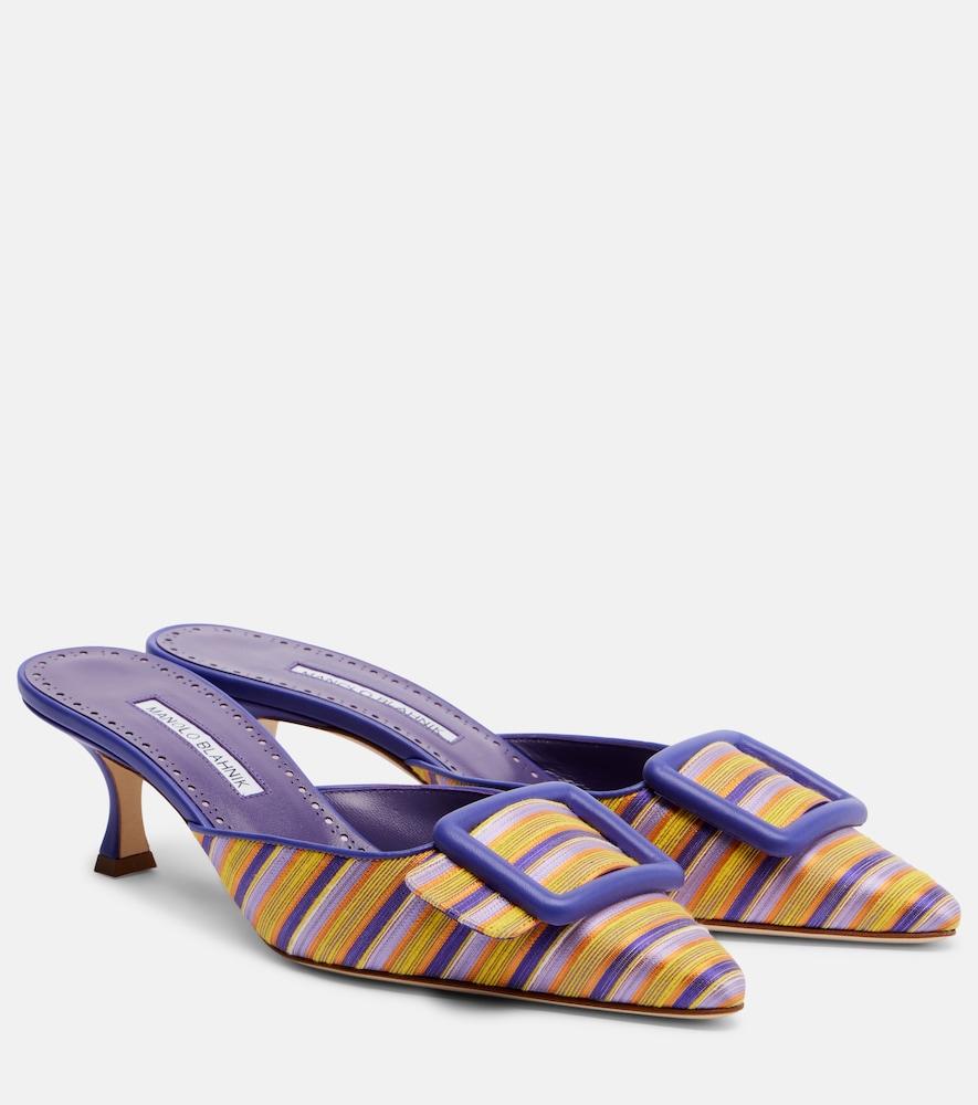 manolo blahnik maysalebi striped leather-trimmed mules