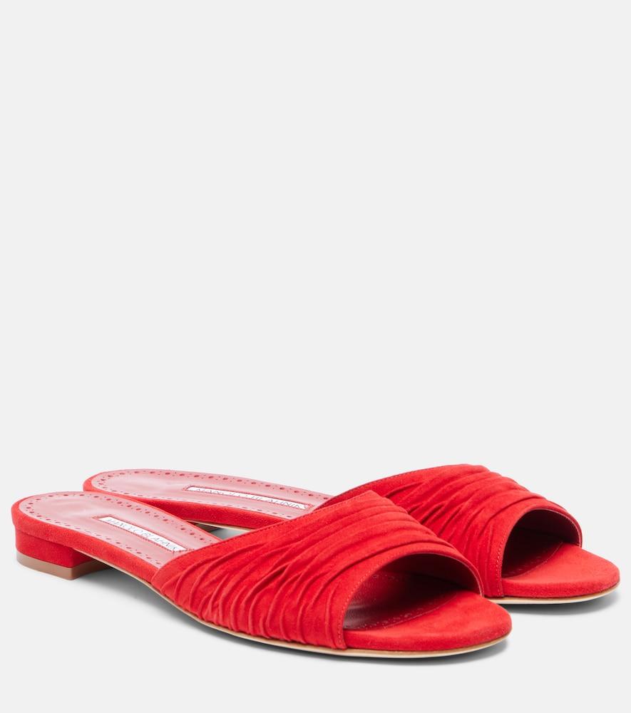 manolo blahnik piruaflat gathered suede slides