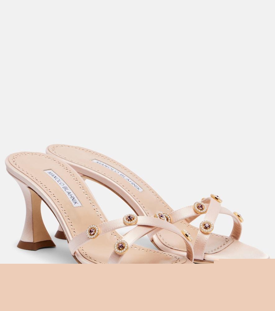manolo blahnik pyrenea embellished satin mules
