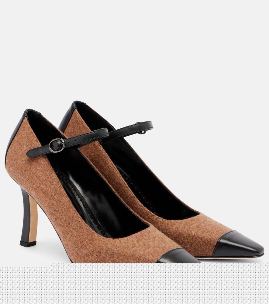 manolo blahnik semele 90 leather-trimmed tweed pumps