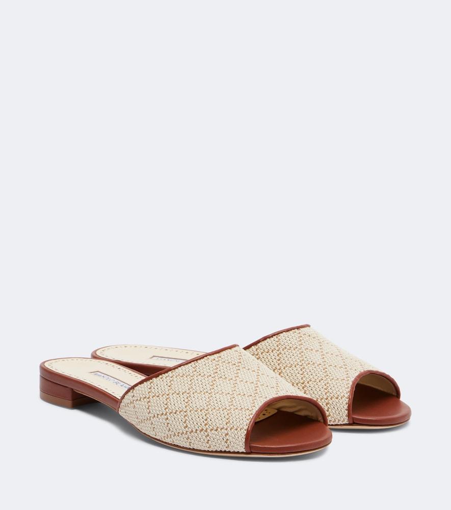 manolo blahnik smirna leather-trimmed raffia-effect slides