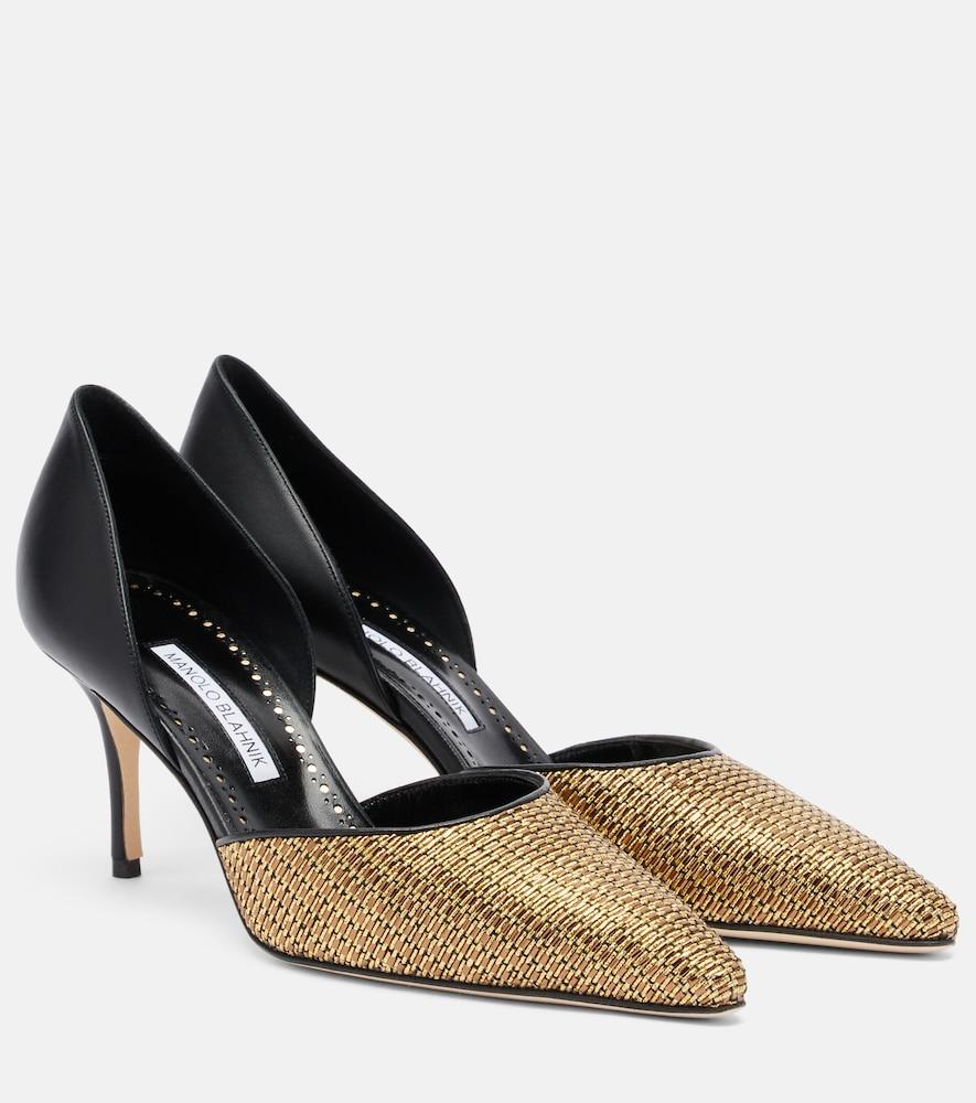 manolo blahnik taylerbinu leather-trimmed woven pumps
