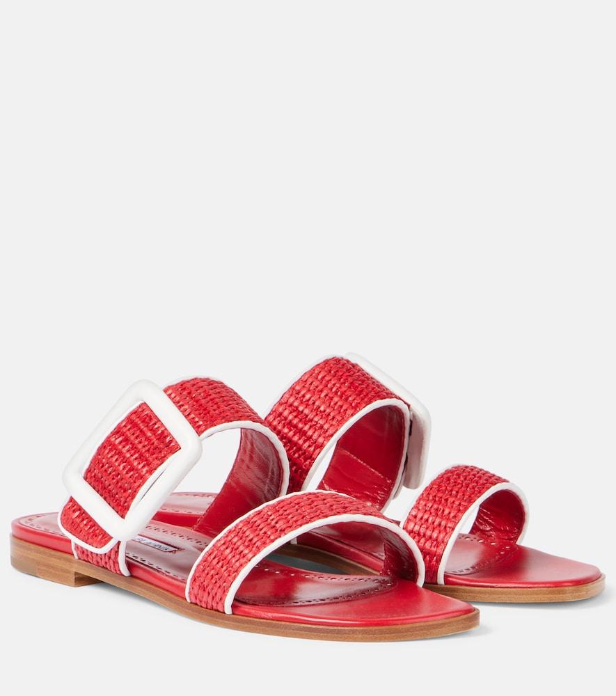 manolo blahnik tituba leather-trimmed raffia sandals