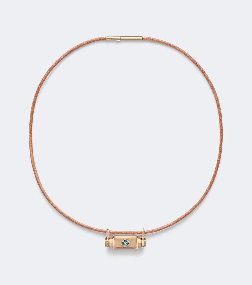 marie lichtenberg clover smash 18kt gold and leather locket necklace with emeralds