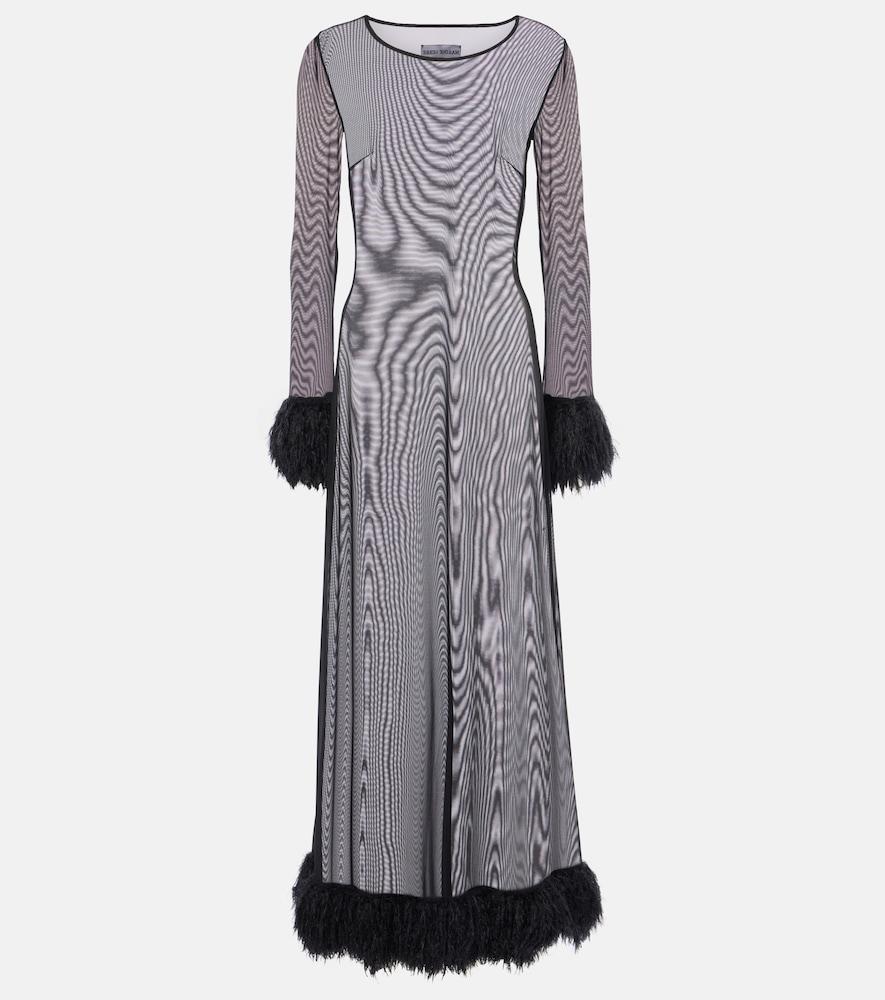 marine serre faux feather-trimmed mesh maxi dress