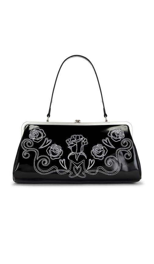 markgong large embroidered metal clasp bag in black.