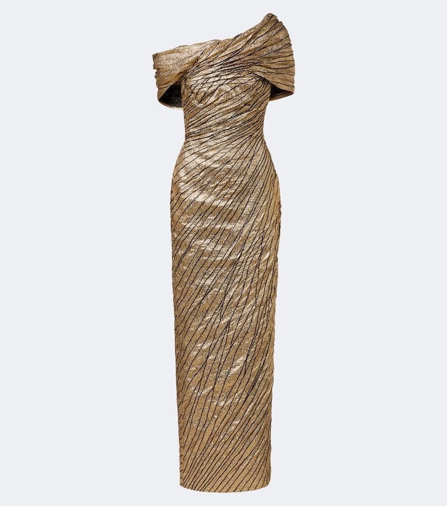 marmar halim striped asymmetric brocade bustier gown