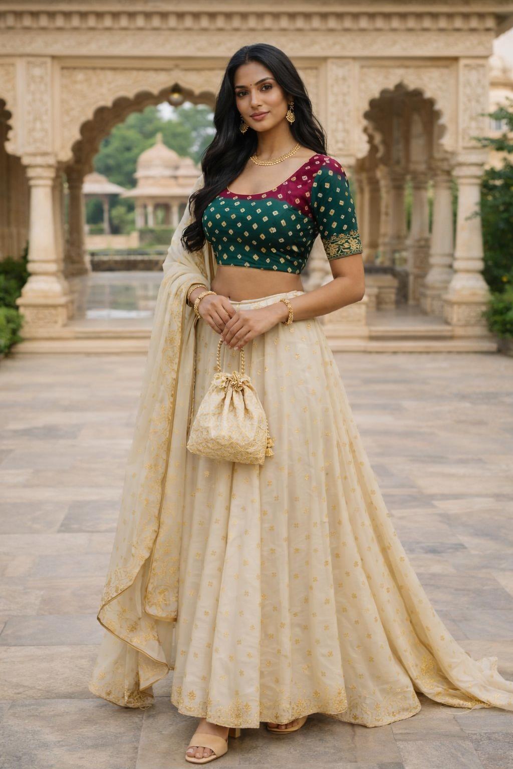 maroon and green bandhani blouse