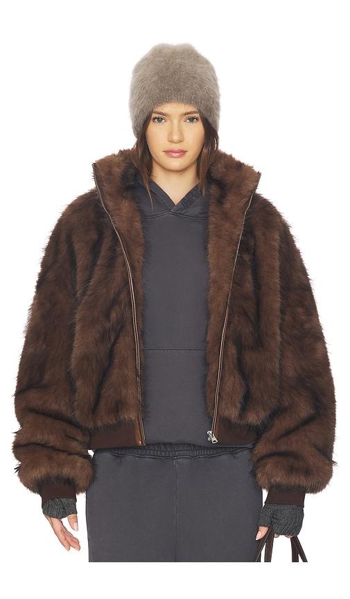 marrknull hooded fur coat in brown. - size l (also in m, s, xl)