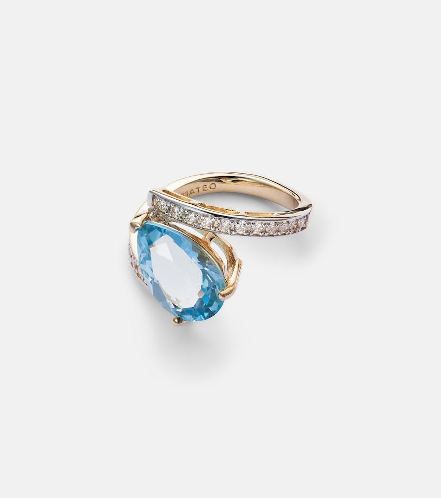 mateo slanted 14kt gold ring with topaz and diamonds