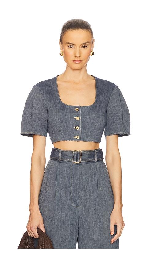 matthew bruch apron puff sleeve crop top in slate. - size 0 (also in 4, 6, 8)