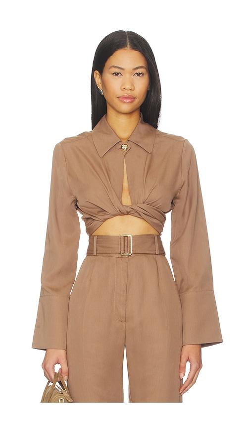 matthew bruch collared long sleeve wrap top in brown. - size 4 (also in 6)