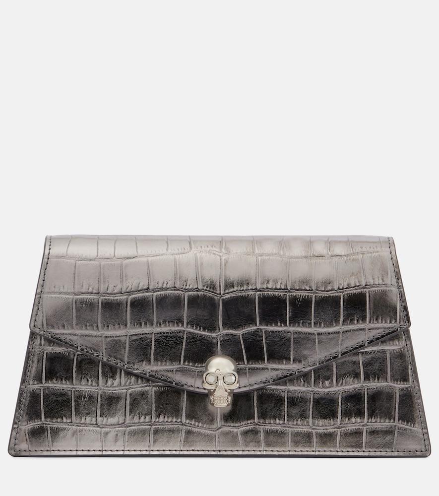 mcqueen skull mini croc-effect leather clutch