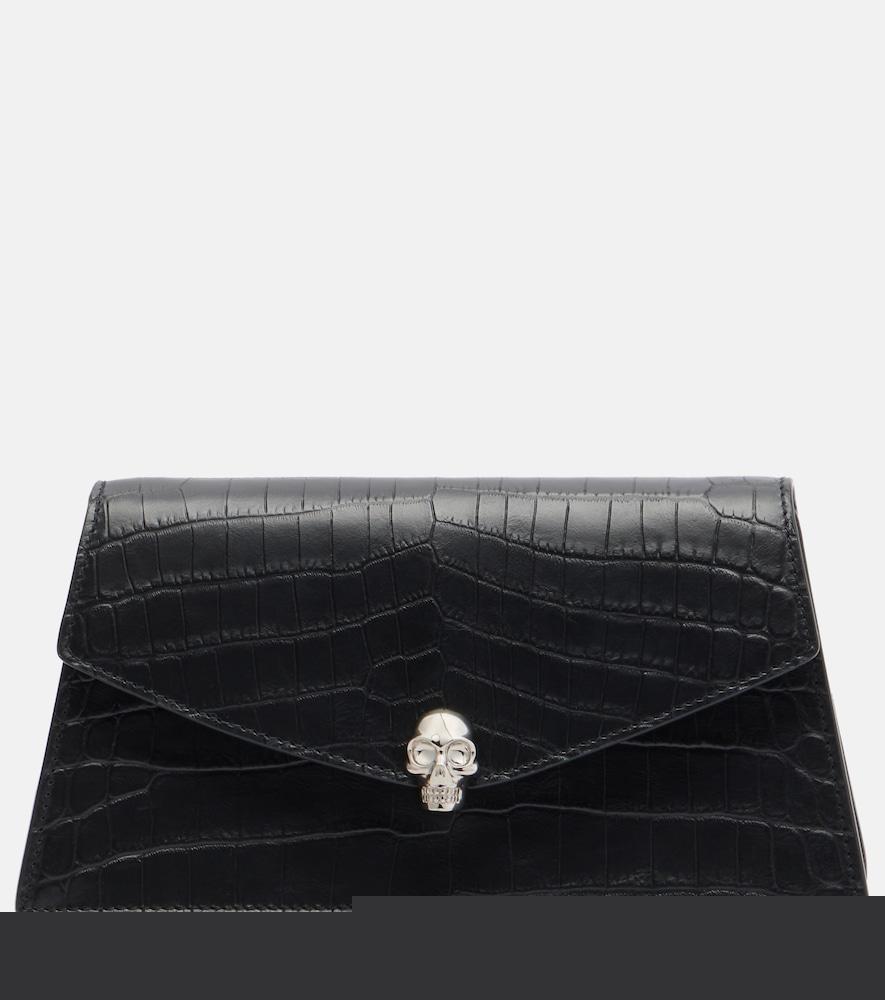 mcqueen skull mini croc-effect leather clutch
