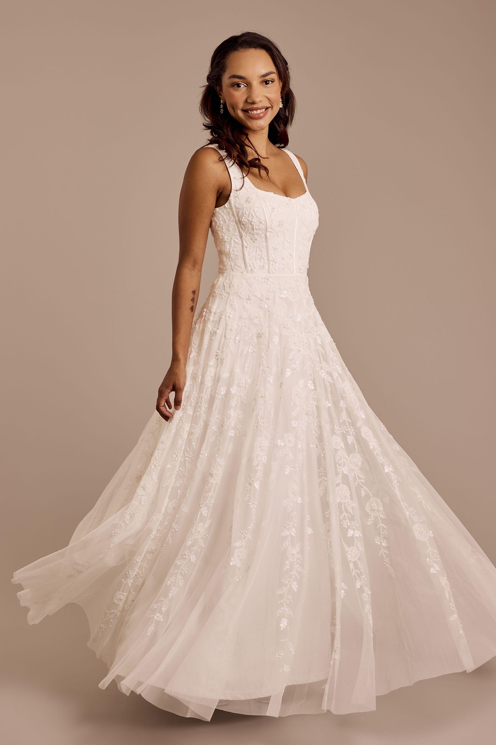 melissa sweet beaded square neck a-line wedding dress in soft white size: 12 david's bridal