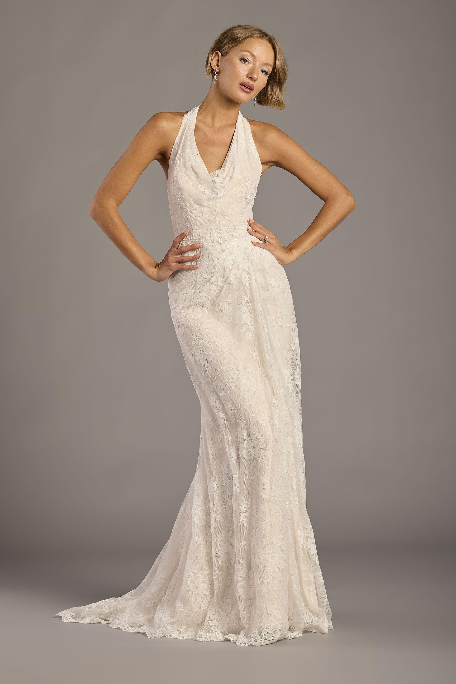 melissa sweet embroidered lace halter cowl sheath wedding dress in ivory/stone size: 2 david's bridal