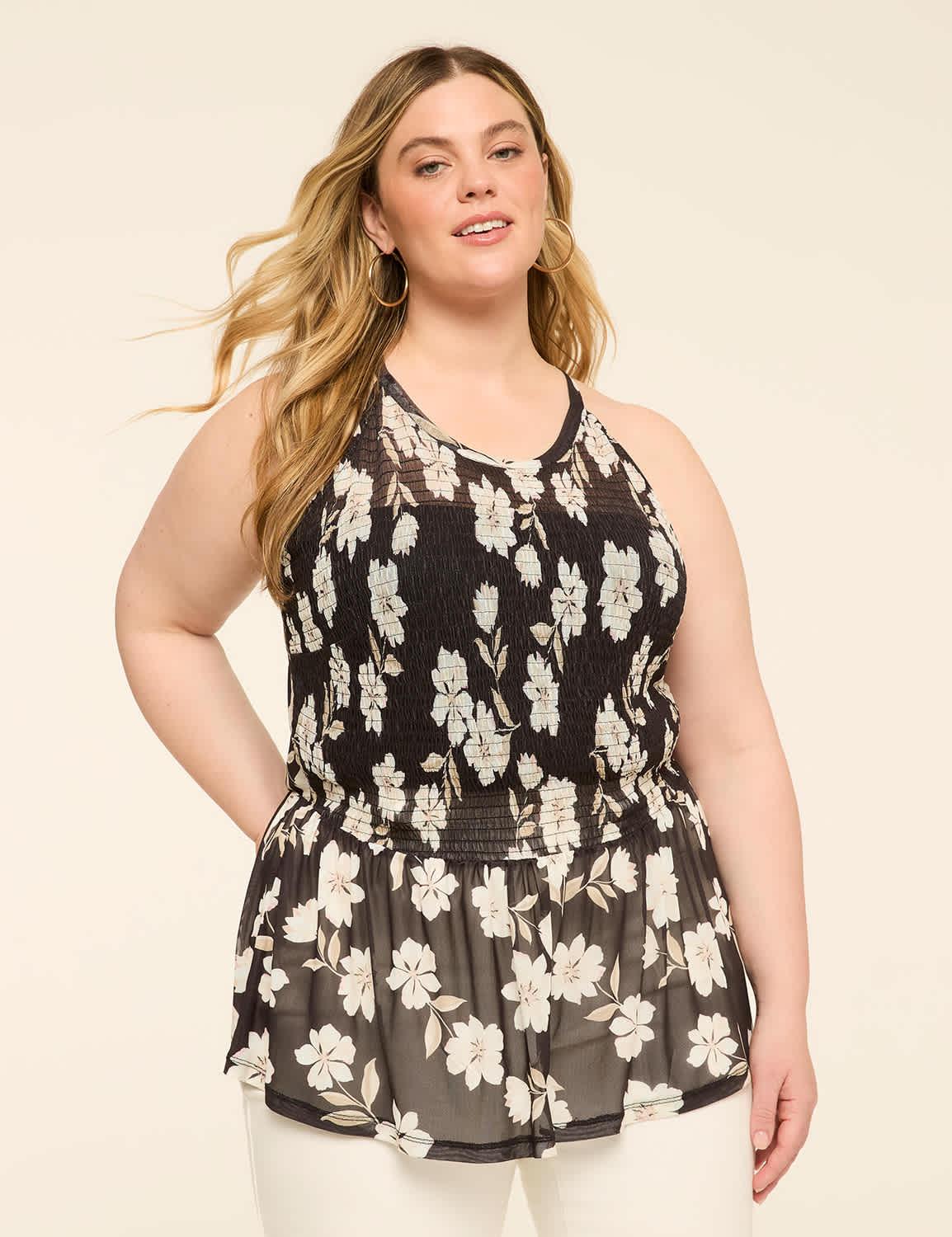 mesh halter-neck smocked peplum top