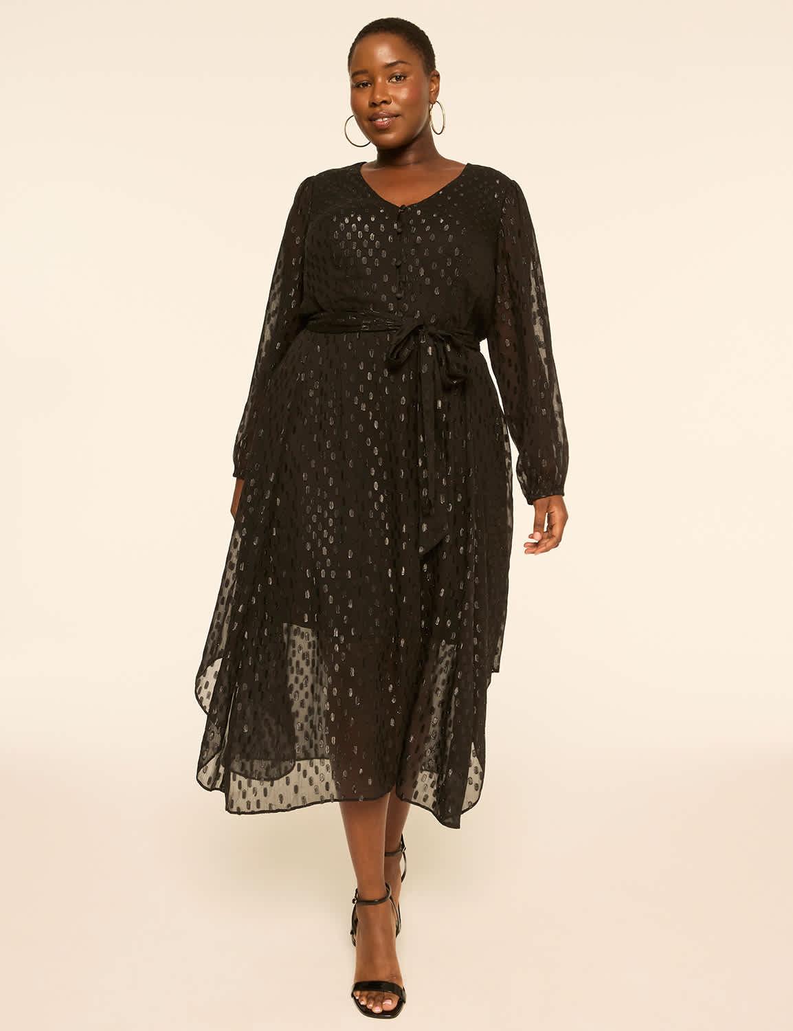 metallic clip dot asymmetrical-hem midi dress