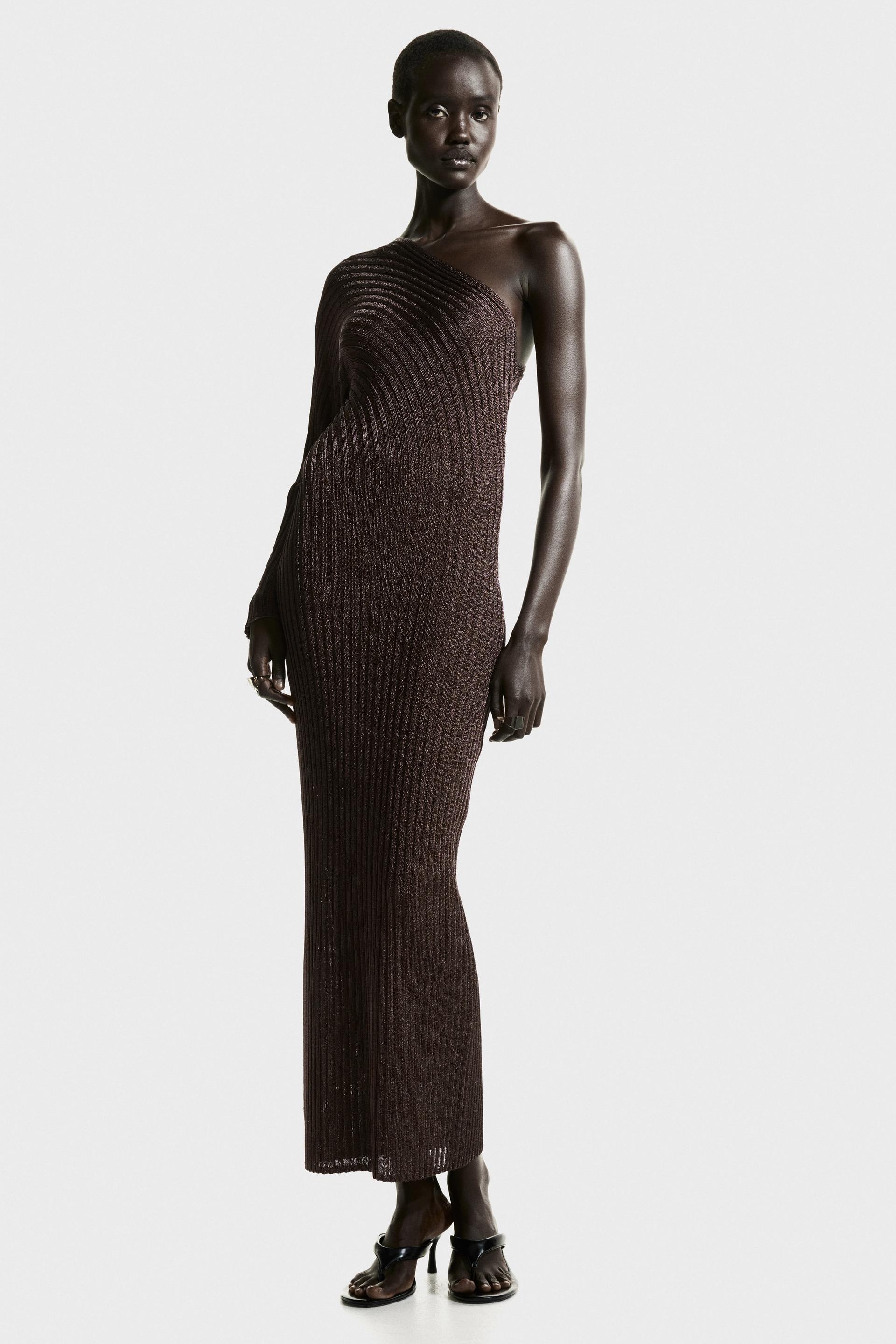 metallic one-shoulder dress