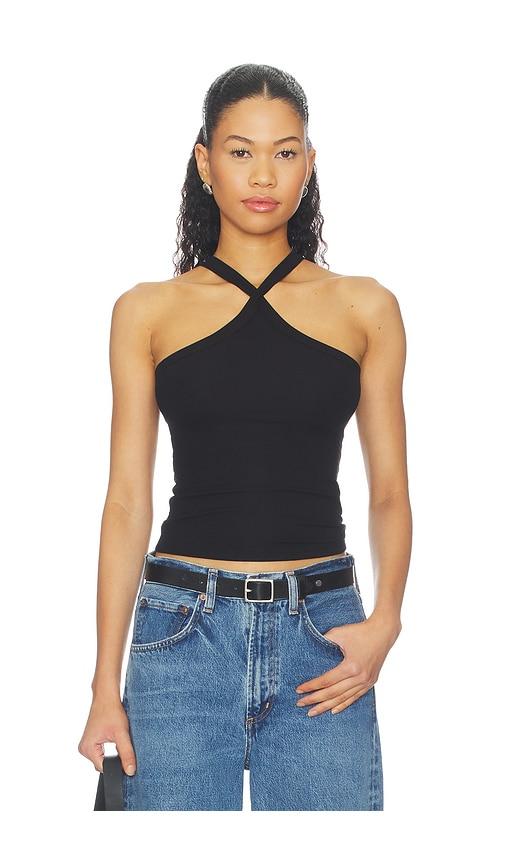 michael lauren lynx cross front high neck tank in black. - size l (also in xs, s, m, xl)