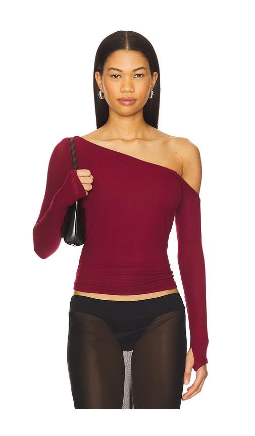 michael lauren magdaleno asymmetrical fitted cold shoulder long sleeve top in burgundy. - size l (also in m)