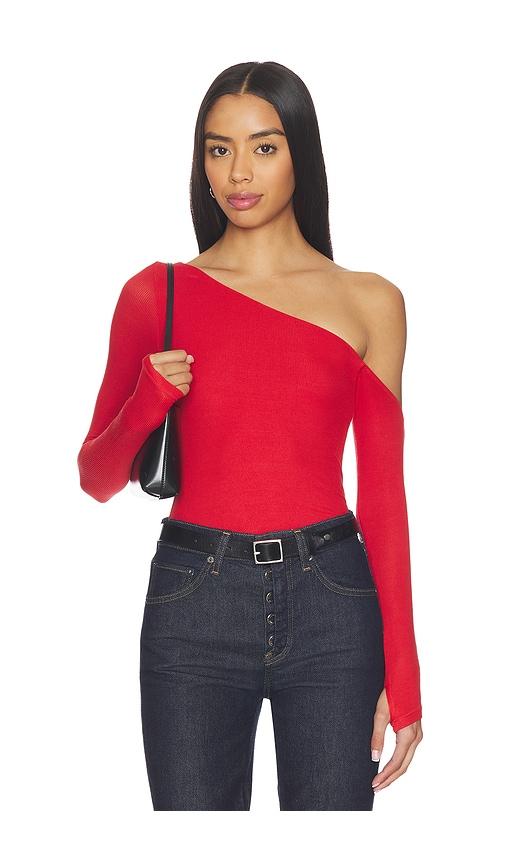 michael lauren magdaleno asymmetrical fitted cold shoulder top in red. - size l (also in xs, s, m)