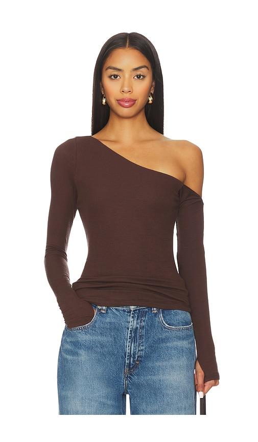 michael lauren magdaleno long sleeve fitted asymmetrical cold shoulder top in brown. - size l (also in s, xs, m, xl)