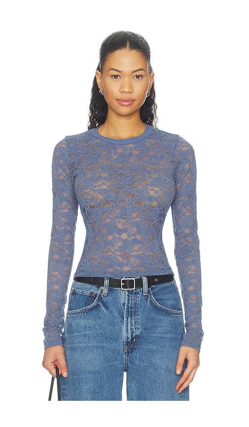 michael lauren vero long sleeve fitted lace top in blue. - size l (also in xs, s, m)