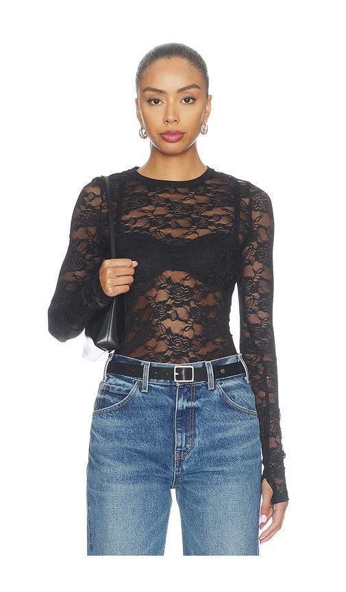 michael lauren vero longsleeve fitted lace top in black. - size l (also in m, s, xl, xs)
