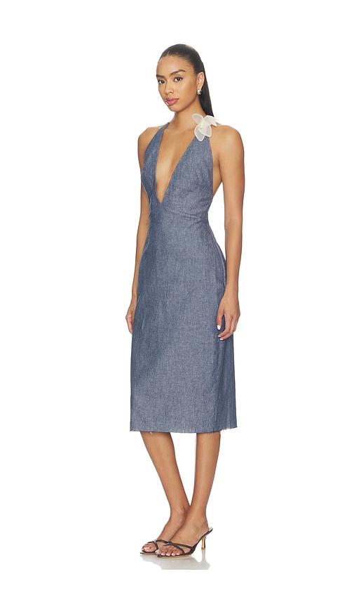 milkwhite midi v-neck dress with flower detail in blue. - size l (also in xs, s)