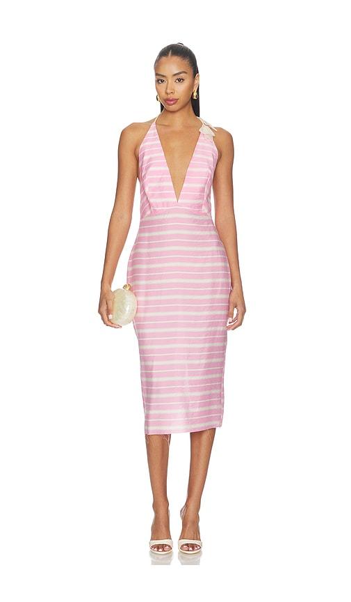 milkwhite midi v-neck dress with flower detail in pink. - size l (also in xs, s, m)