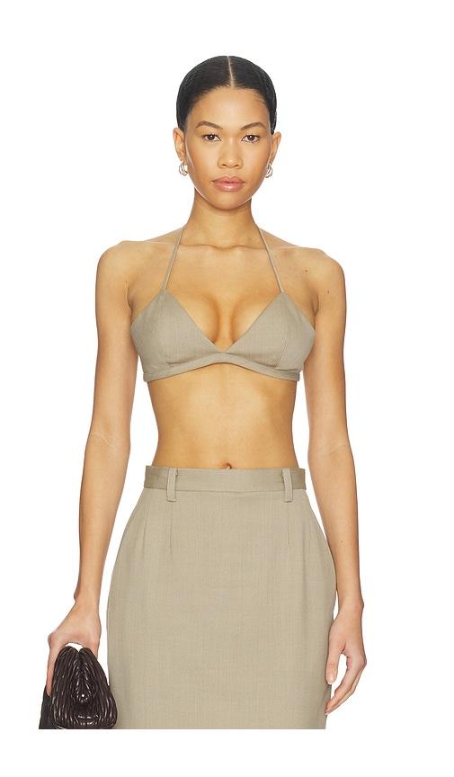 mimchik faux fur trimmed rosie bra in beige. - size 0 (also in 2, 6, 8)