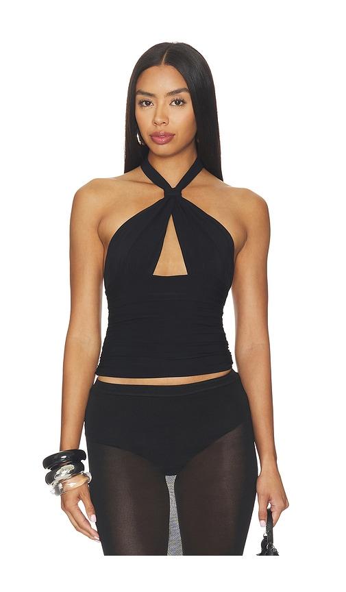 mimchik piper knotted halter top in black. - size 0 (also in 4, 6)