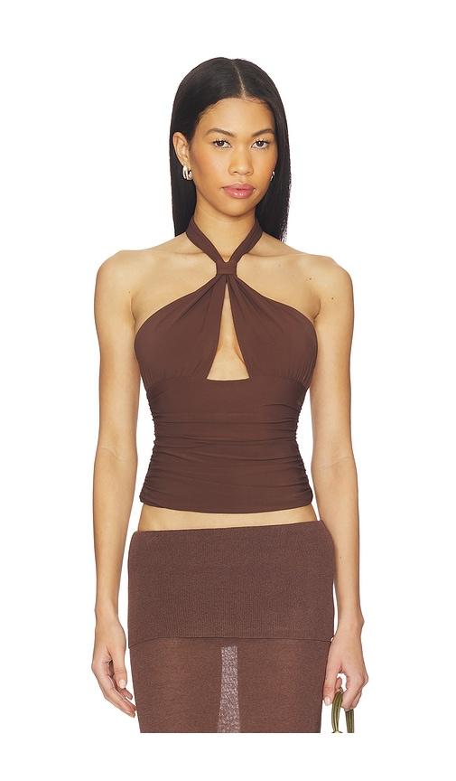 mimchik piper knotted halter top in chocolate. - size 2 (also in 6)