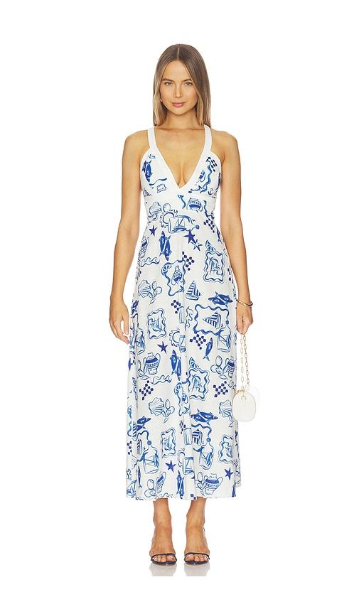 minkpink baci cross back midi dress in white, blue. - size l (also in s, m)