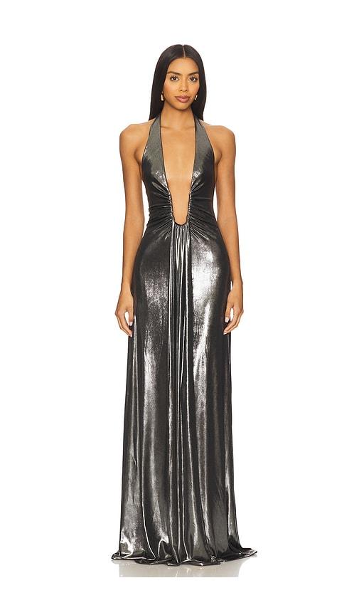 misha the jennifer foil jersey dress in black. - size m (also in xs)