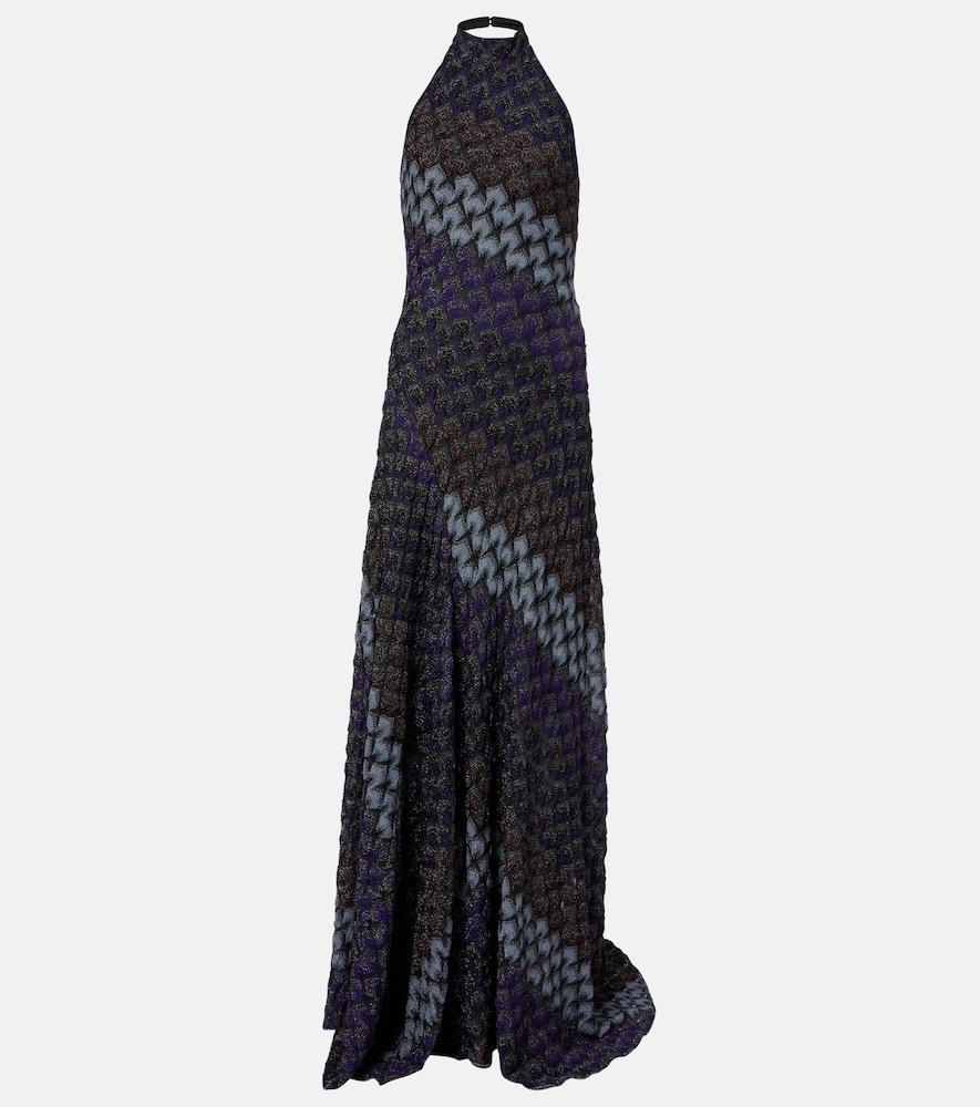 missoni halterneck knitted lamé gown