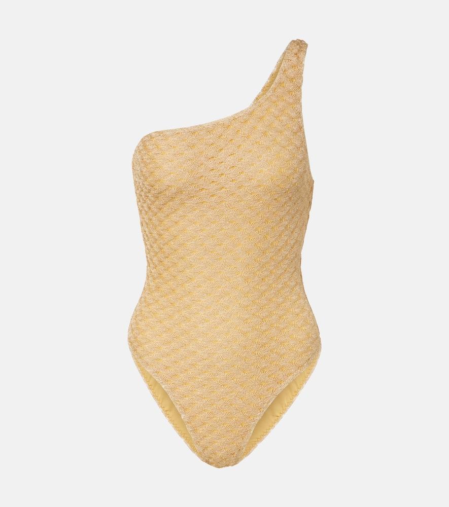 missoni one-shoulder lamé swimsuit