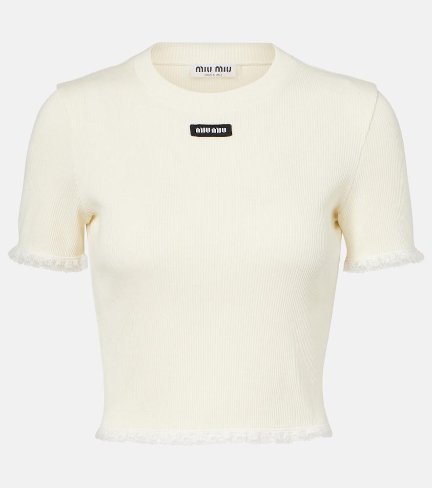miu miu cropped lace-trimmed cotton t-shirt