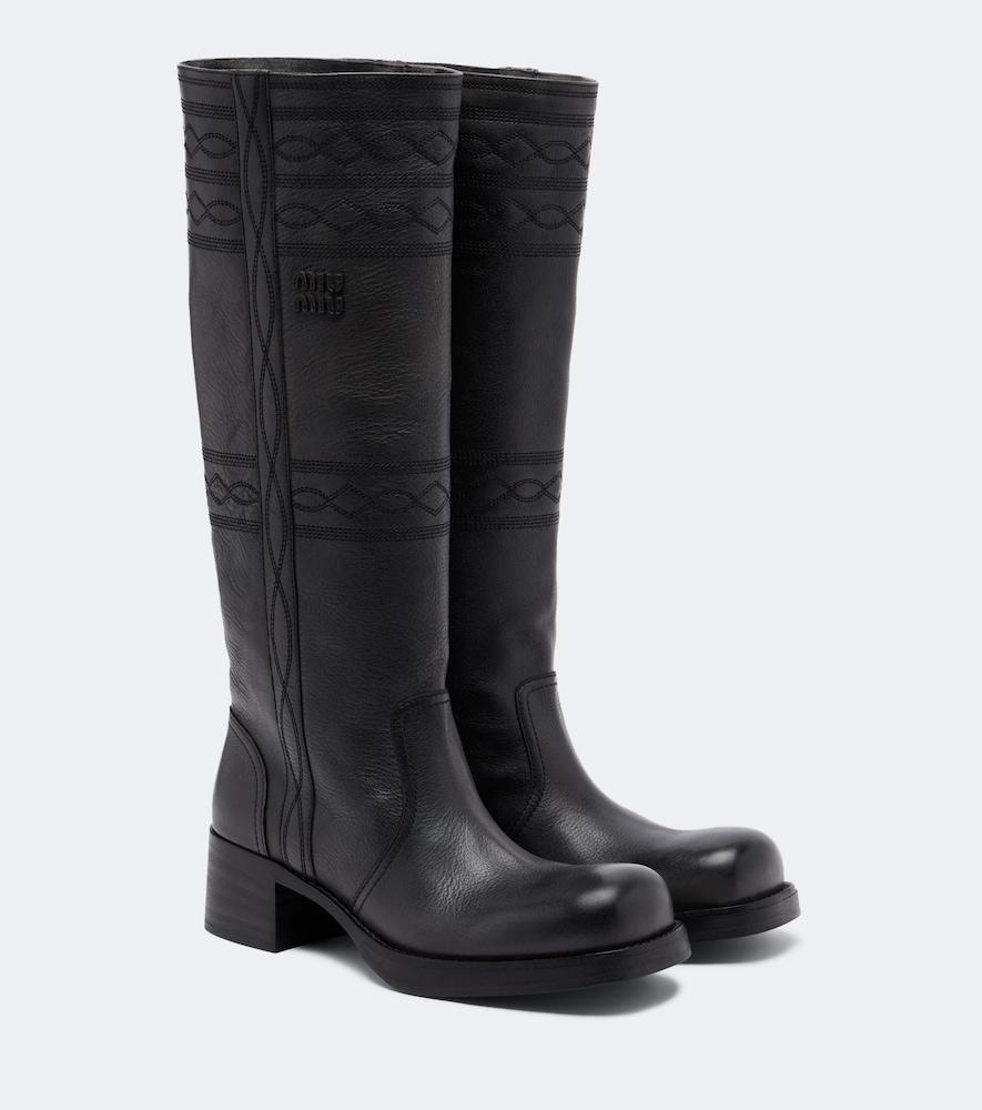 miu miu embroidered leather knee-high boots