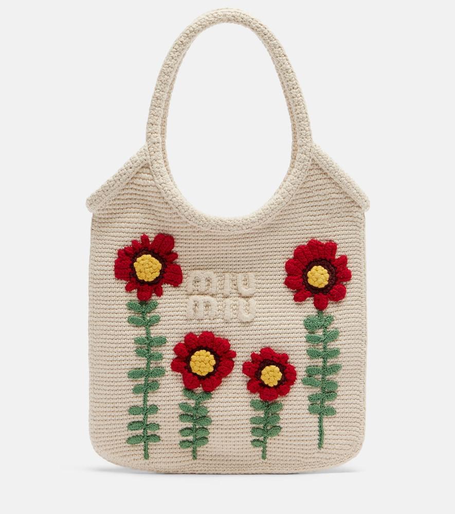 miu miu ivy embroidered crochet tote bag