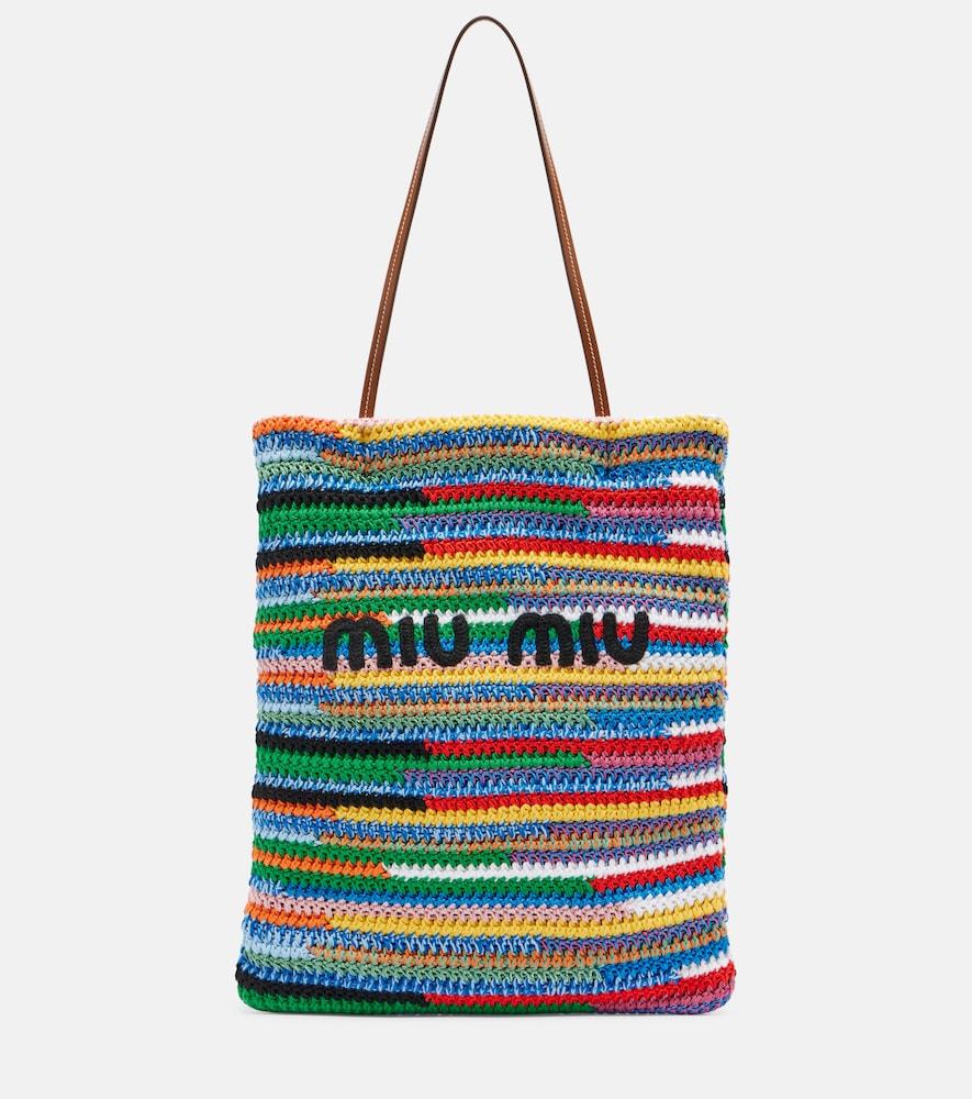 miu miu leather-trimmed crochet tote bag