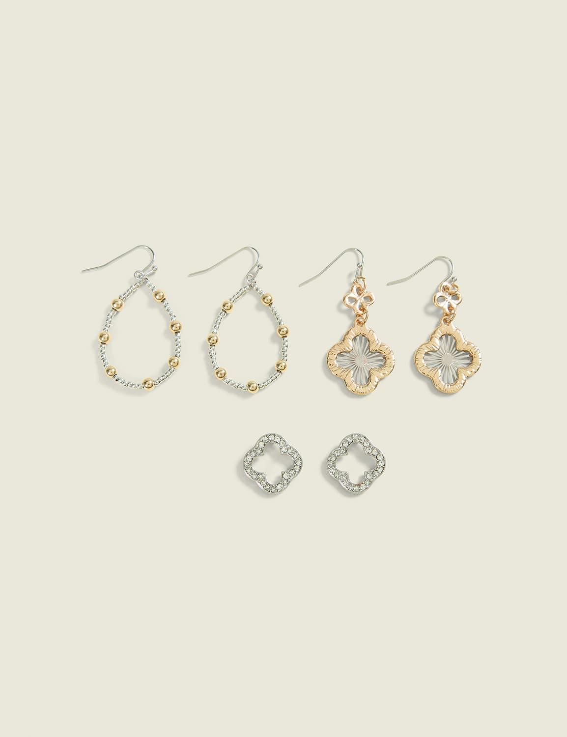 mixed metal clover & drop 3-pack earrings