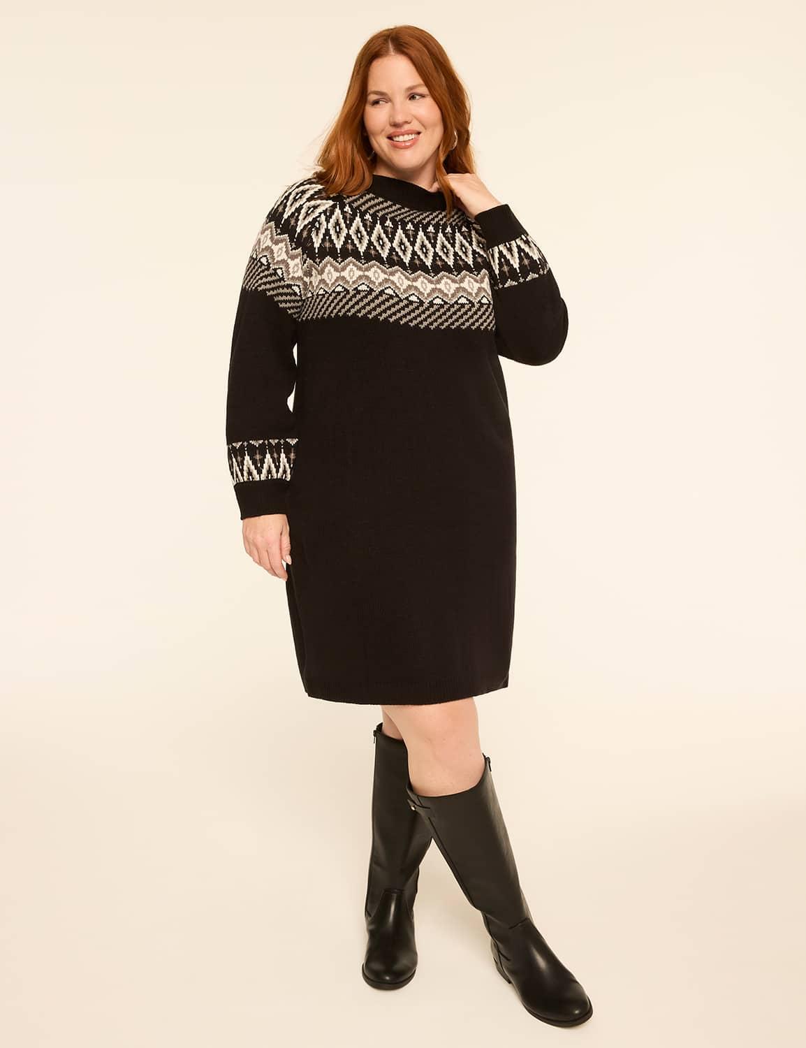 mock-neck fair isle sweater dress