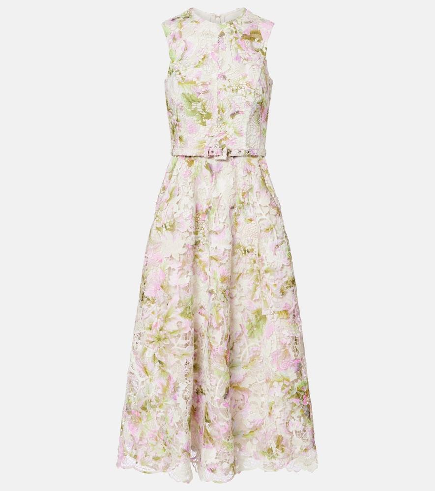 monique lhuillier belted lace midi dress