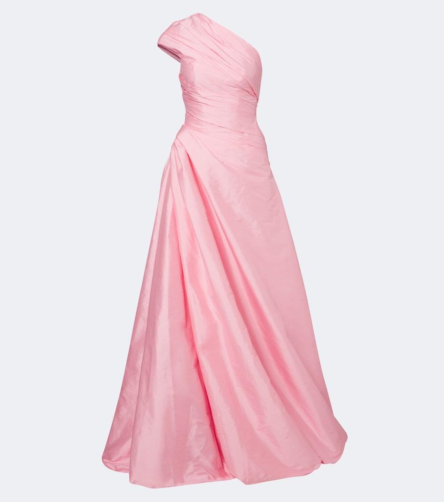 monique lhuillier draped one-shoulder bustier gown